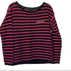 TOMMY HILFIGER Pullover Sweater Navy Pink Striped Long Sleeve Cotton Chunky Knit